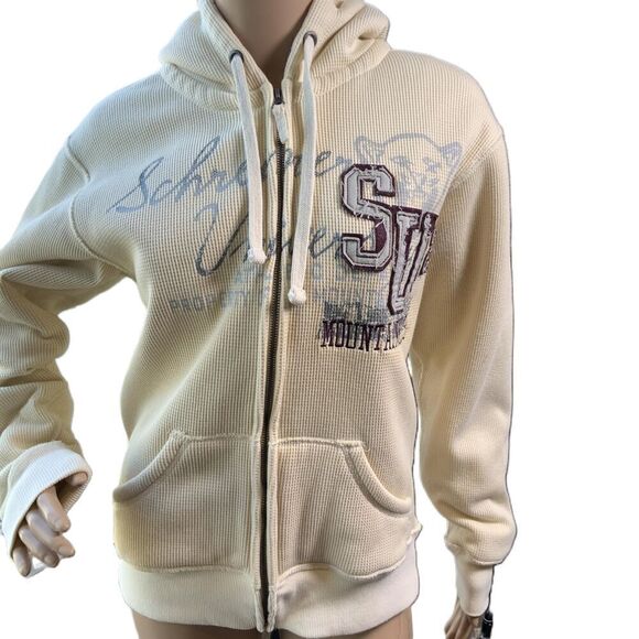 JAmerica Cream ZipUp Drawstring Hood Front Pockets Graphic Print Hoodie Size XS - Picture 1 of 14
